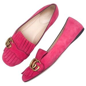 Gucci Kid Scamosciato GG Marmont Fringe Flats Hot Pink 36.5